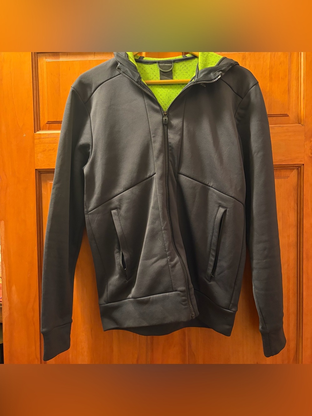 Gray Adidas Insulated Zip-Up Hoodie with Neon Green Fleece Lining